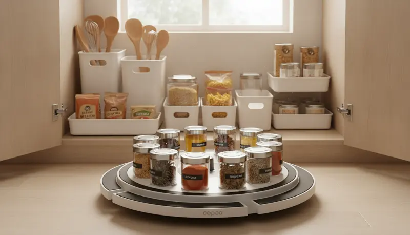 Copco non-skid turntable in a kitchen cabinet